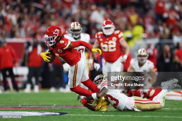 Rashee Rice of the Kansas City Chiefs is tackled by Logan Ryan of the San Francisco 49ers in the second quarter during Super Bowl LVIII at Allegiant...