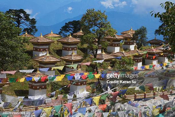 sindokha dzong with praying flags - dochula pass bildbanksfoton och bilder