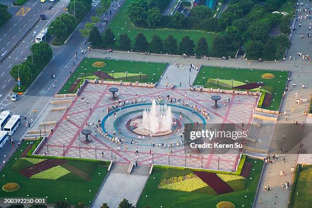 fountain at people's square, aerial view - peoples square stock pictures, royalty-free photos & images