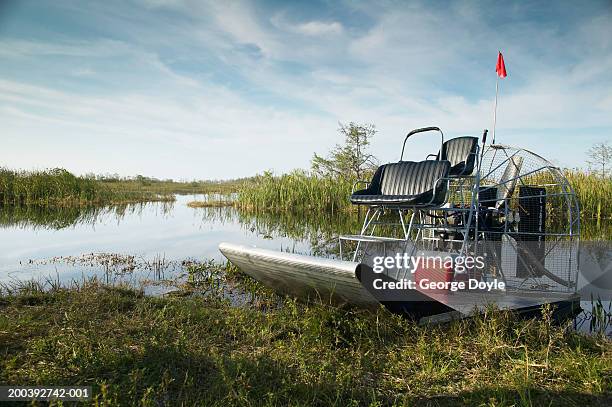 air boat on bank of creek - parque nacional everglades fotografías e imágenes de stock