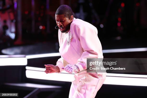 Singer Usher performs on the field during the Apple Music Super Bowl LVIII Halftime Show at Allegiant Stadium on February 11, 2024 in Las Vegas,...