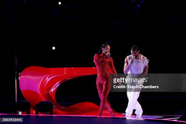 Alicia Keys and Usher perform onstage during the Apple Music Super Bowl LVIII Halftime Show at Allegiant Stadium on February 11, 2024 in Las Vegas,...