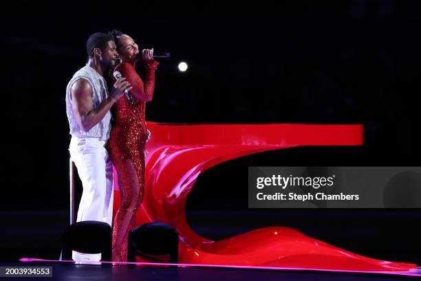 Usher and Alicia Keys perform onstage during the Apple Music Super Bowl LVIII Halftime Show at Allegiant Stadium on February 11, 2024 in Las Vegas,...