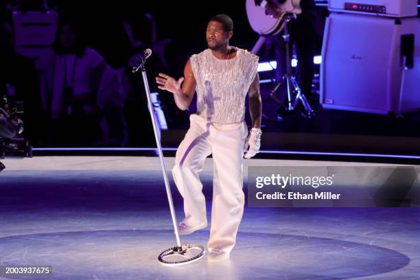 Usher performs onstage during the Apple Music Super Bowl LVIII Halftime Show at Allegiant Stadium on February 11, 2024 in Las Vegas, Nevada.