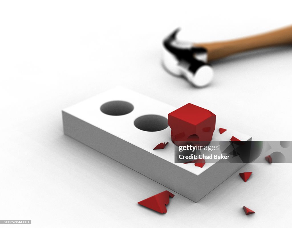 Broken square peg in round hole with hammer