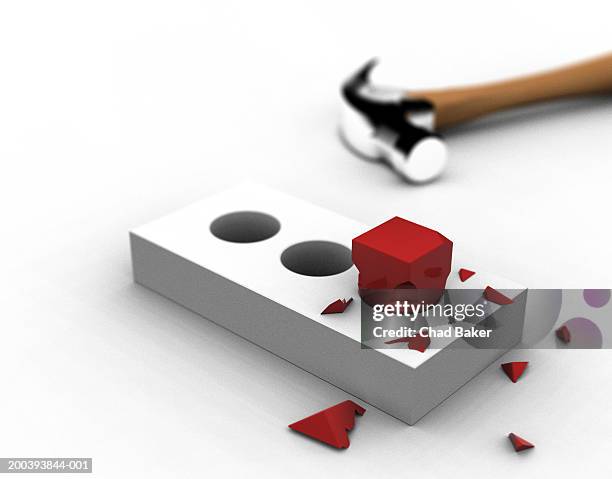 broken square peg in round hole with hammer - problem solution stock pictures, royalty-free photos & images