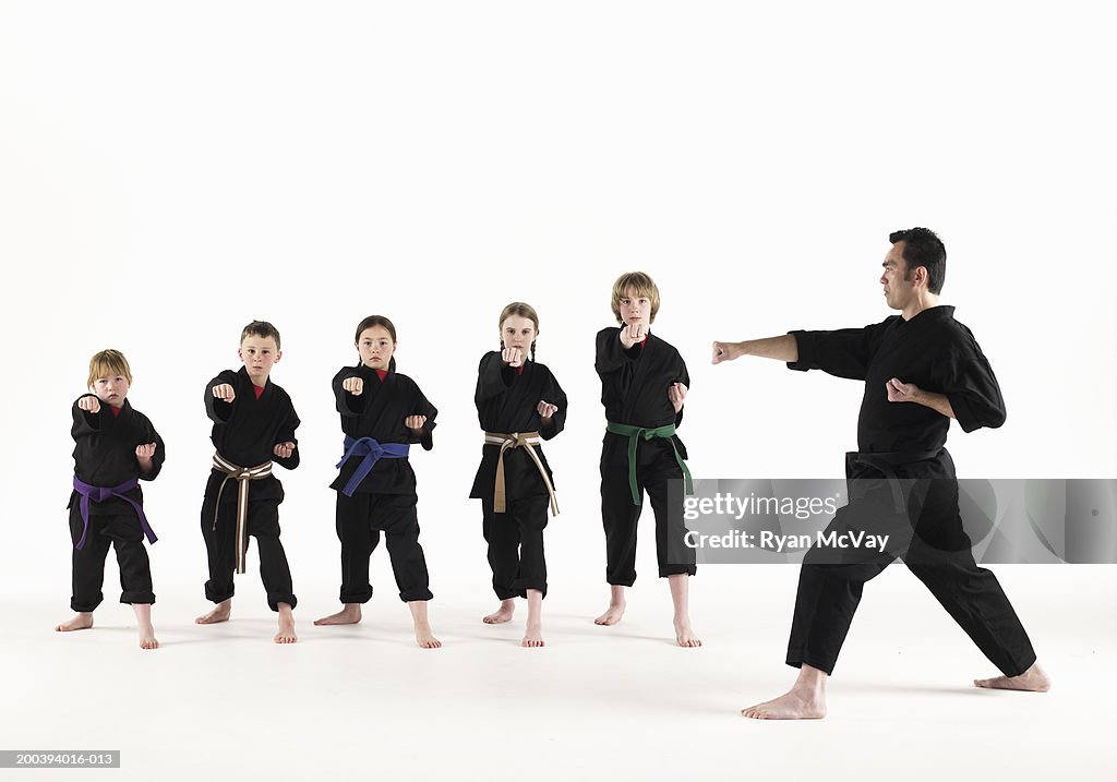 Kempo karate instructor holding karate pose in front of students