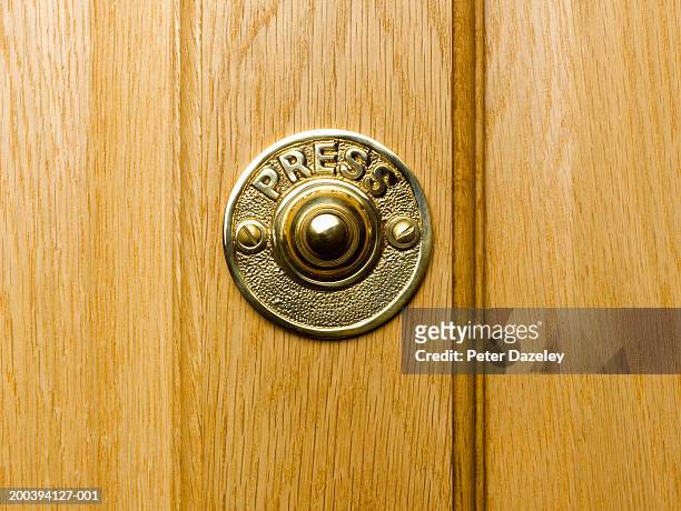 doorbell with 'press' sign, close-up - doorbell stock pictures, royalty-free photos & images