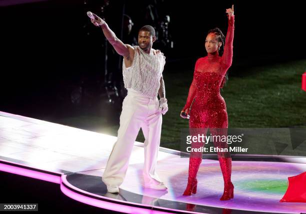 Usher and Alicia Keys perform onstage during the Apple Music Super Bowl LVIII Halftime Show at Allegiant Stadium on February 11, 2024 in Las Vegas,...