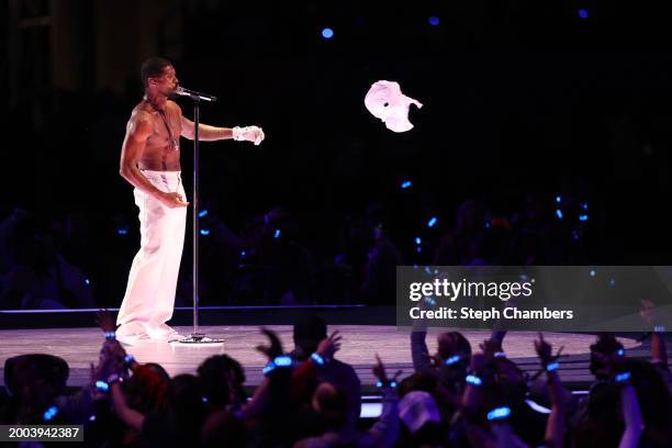 Usher performs onstage during the Apple Music Super Bowl LVIII Halftime Show at Allegiant Stadium on February 11, 2024 in Las Vegas, Nevada.