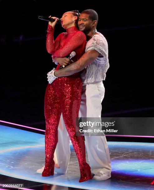 Alicia Keys and Usher perform onstage during the Apple Music Super Bowl LVIII Halftime Show at Allegiant Stadium on February 11, 2024 in Las Vegas,...