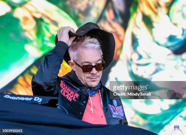 Diplo performs at Guy Fieri's Flavortown Tailgate on February 11, 2024 in Las Vegas, Nevada.