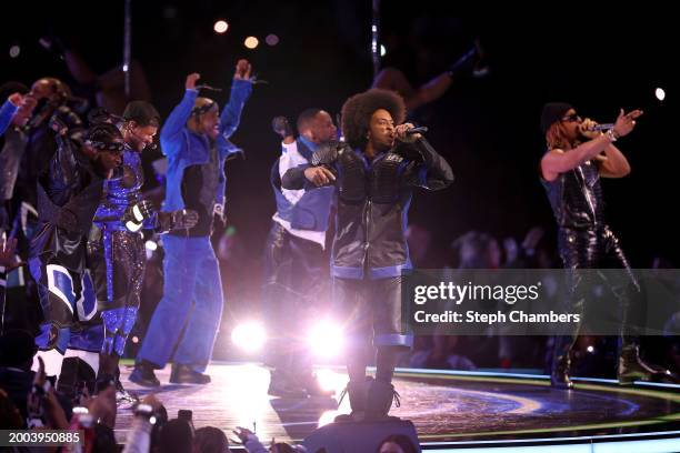 Usher, Ludacris, and Lil Jon perform onstage during the Apple Music Super Bowl LVIII Halftime Show at Allegiant Stadium on February 11, 2024 in Las...