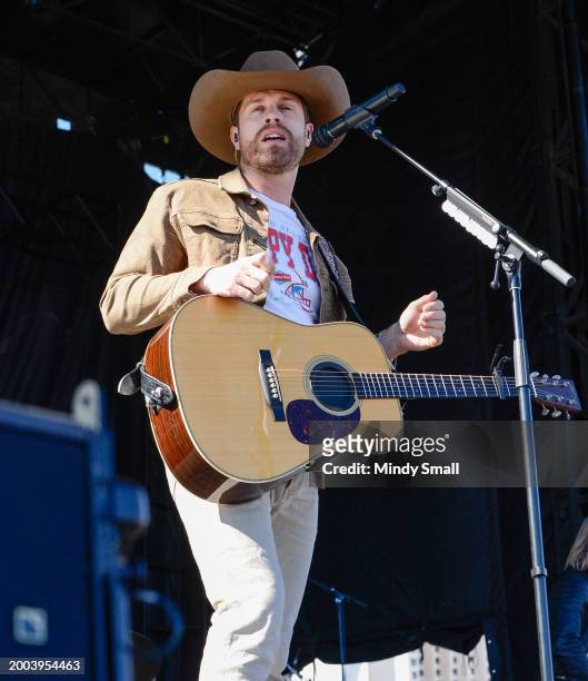 Dustin Lynch performs at Guy Fieri's Flavortown Tailgate on February 11, 2024 in Las Vegas, Nevada.