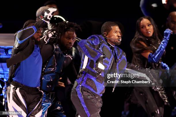 Usher performs onstage during the Apple Music Super Bowl LVIII Halftime Show at Allegiant Stadium on February 11, 2024 in Las Vegas, Nevada.