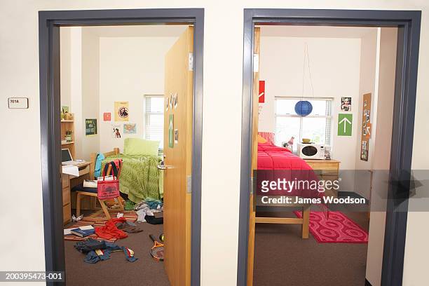 one messy and one neat college dorm rooms - college dorm stock pictures, royalty-free photos & images