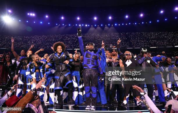 Ludacris, Usher, Jermaine Dupri and will.i.am perform onstage during the Apple Music Super Bowl LVIII Halftime Show at Allegiant Stadium on February...