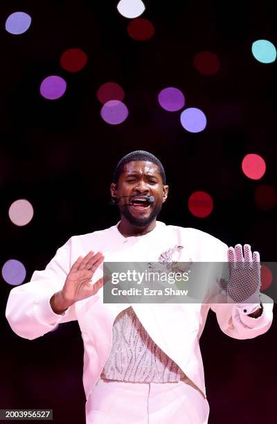 Usher performs onstage during the Apple Music Super Bowl LVIII Halftime Show at Allegiant Stadium on February 11, 2024 in Las Vegas, Nevada.