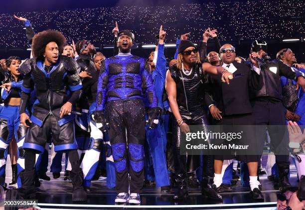 Ludacris, Usher, Lil Jon, Jermaine Dupri and will.i.am perform onstage during the Apple Music Super Bowl LVIII Halftime Show at Allegiant Stadium on...