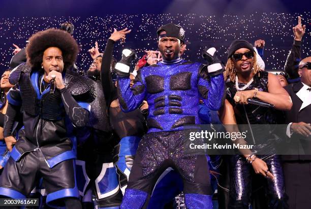 Ludacris, Usher, and Lil Jon perform onstage during the Apple Music Super Bowl LVIII Halftime Show at Allegiant Stadium on February 11, 2024 in Las...