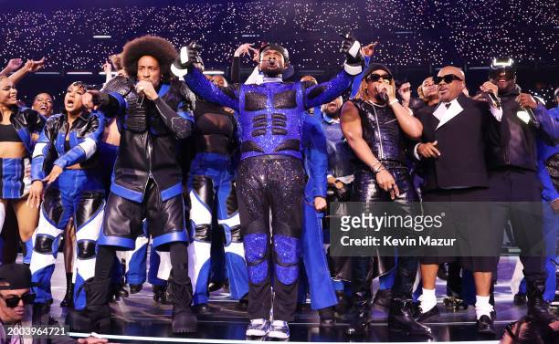 Ludacris, Usher, Lil Jon, Jermaine Dupri and will.i.am perform onstage during the Apple Music Super Bowl LVIII Halftime Show at Allegiant Stadium on...