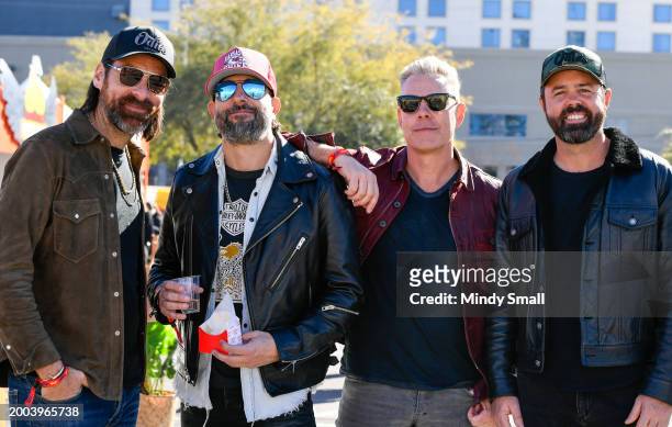 Geoff Sprung, Matthew Ramsey, Trevor Rosen and Brad Tursi of Old Dominion attend Guy Fieri's Flavortown Tailgate on February 11, 2024 in Las Vegas,...
