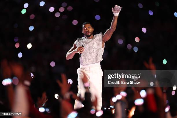 Usher performs onstage during the Apple Music Super Bowl LVIII Halftime Show at Allegiant Stadium on February 11, 2024 in Las Vegas, Nevada.