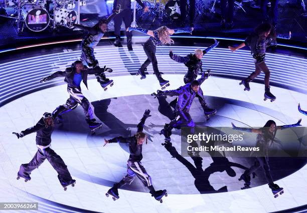 Usher performs onstage during the Apple Music Super Bowl LVIII Halftime Show at Allegiant Stadium on February 11, 2024 in Las Vegas, Nevada.