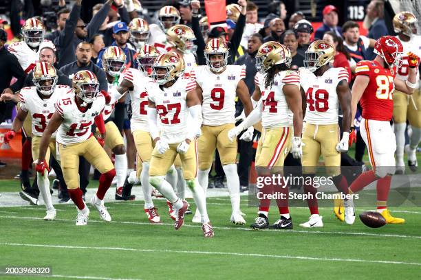 Ji'Ayir Brown of the San Francisco 49ers celebrates with teammates after intercepting a pass from Patrick Mahomes of the Kansas City Chiefs in the...