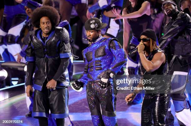 Ludacris, Usher, and Lil Jon perform onstage during the Apple Music Super Bowl LVIII Halftime Show at Allegiant Stadium on February 11, 2024 in Las...