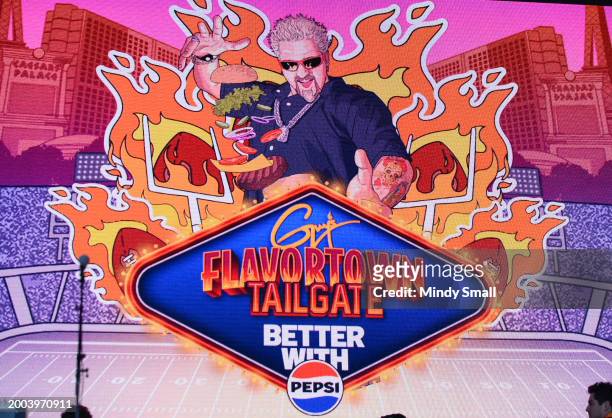 Signage for Guy Fieri's Flavortown Tailgate on February 11, 2024 in Las Vegas, Nevada.