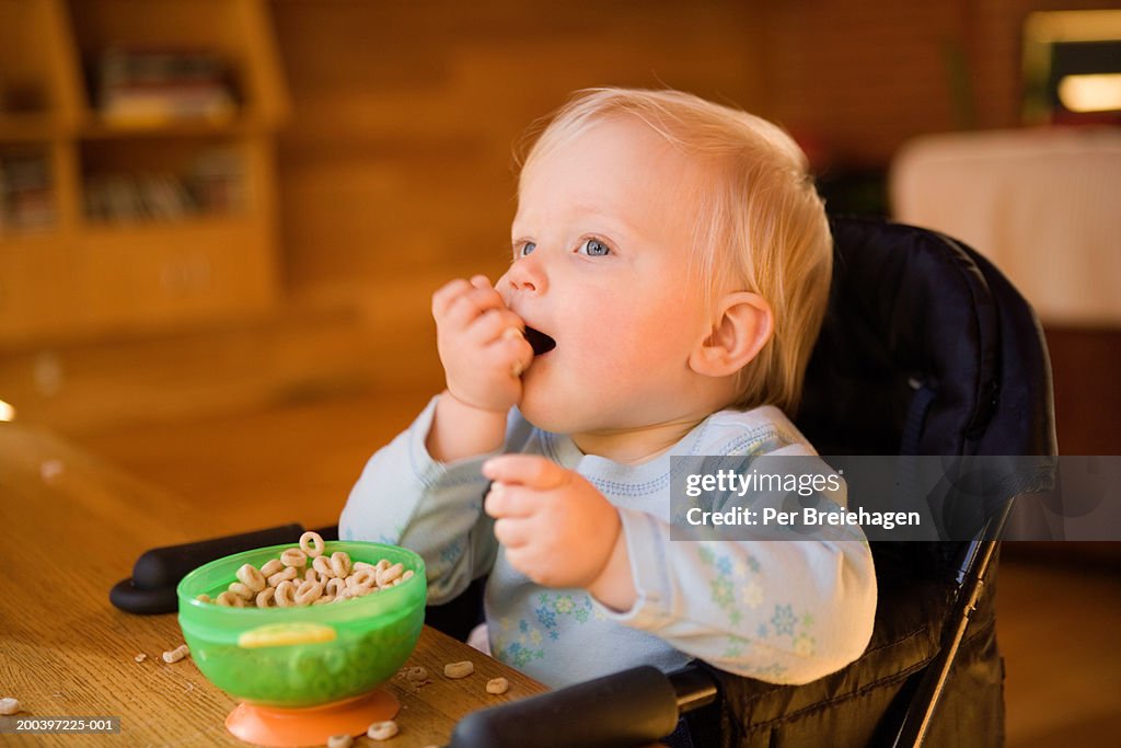 Toddler girl (24-26 months) eating cereal from bowl