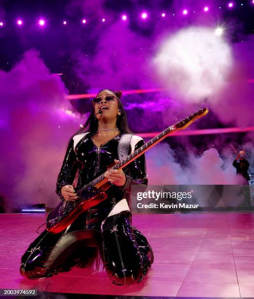 Performs onstage during the Apple Music Super Bowl LVIII Halftime Show at Allegiant Stadium on February 11, 2024 in Las Vegas, Nevada.