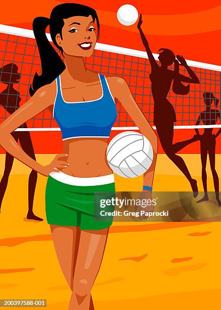 ilustrações, clipart, desenhos animados e ícones de people playing beach volleyball (focus on young woman in foreground) - sutiã para esportes