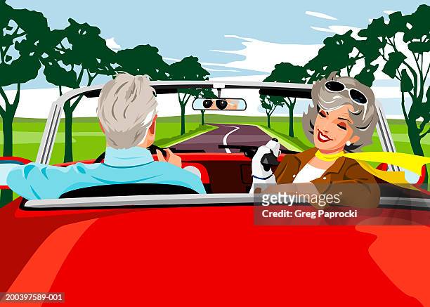 illustrations, cliparts, dessins animés et icônes de senior man and woman riding in convertible with dog - cheveux gris