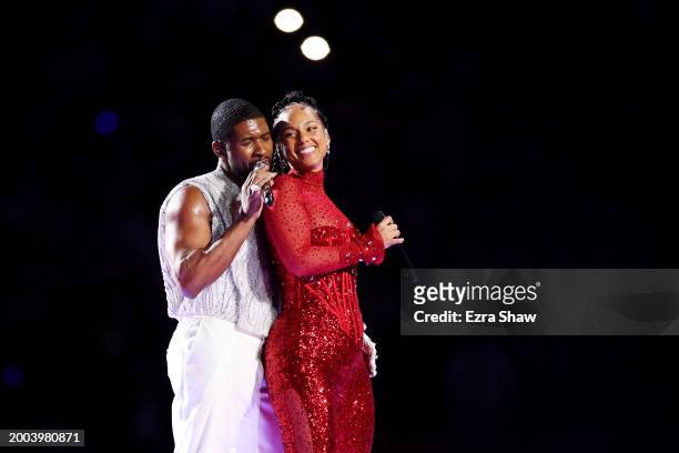 Usher and Alicia Keys perform onstage during the Apple Music Super Bowl LVIII Halftime Show at Allegiant Stadium on February 11, 2024 in Las Vegas,...