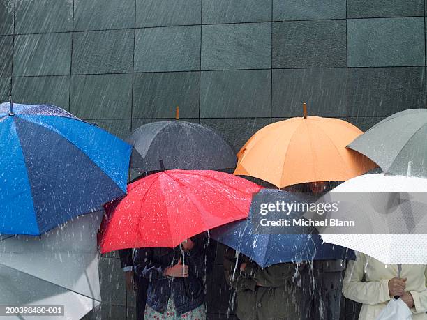 group of people under umbrellas in rain - rain stockfoto's en -beelden