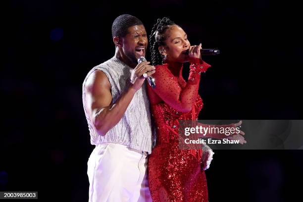 Usher and Alicia Keys perform onstage during the Apple Music Super Bowl LVIII Halftime Show at Allegiant Stadium on February 11, 2024 in Las Vegas,...