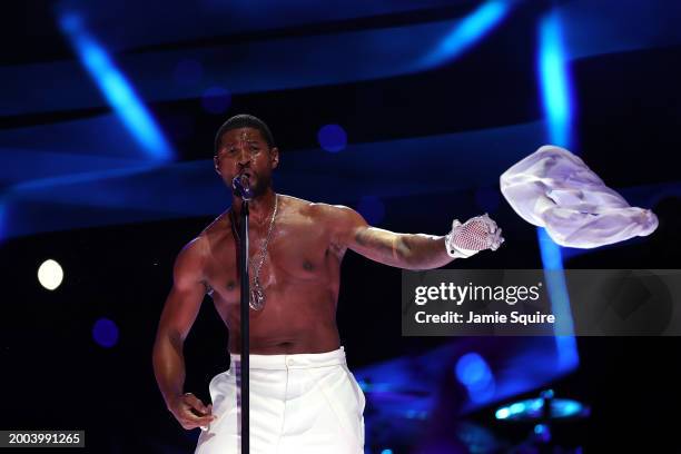 Usher performs onstage during the Apple Music Super Bowl LVIII Halftime Show at Allegiant Stadium on February 11, 2024 in Las Vegas, Nevada.