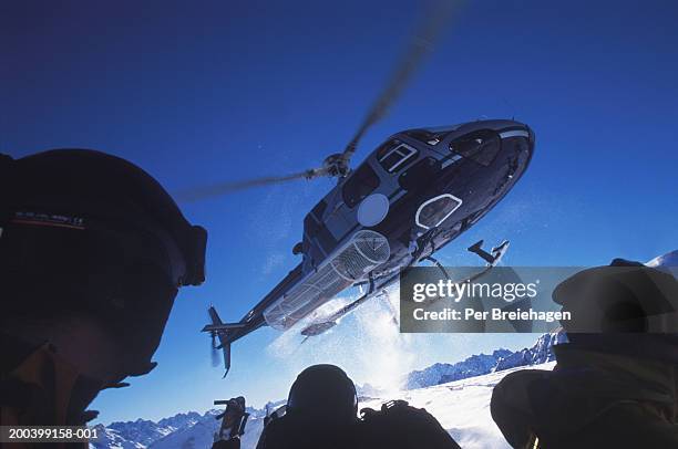 skiers looking at helicopter landing, low angle view - heli skiing stock pictures, royalty-free photos & images