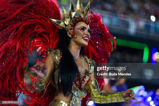 Member of Porto da Pedra performs during 2024 Carnival parades at Sapucai Sambodrome on February 11, 2024 in Rio de Janeiro, Brazil.