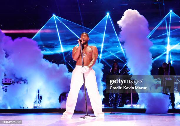 Usher performs onstage during the Apple Music Super Bowl LVIII Halftime Show at Allegiant Stadium on February 11, 2024 in Las Vegas, Nevada.