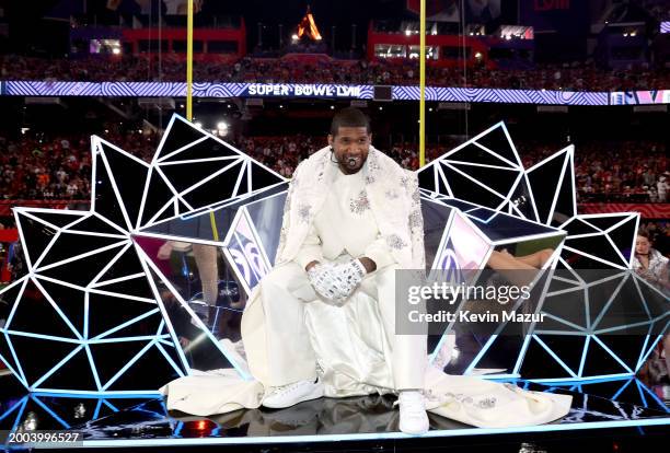 Usher performs onstage during the Apple Music Super Bowl LVIII Halftime Show at Allegiant Stadium on February 11, 2024 in Las Vegas, Nevada.