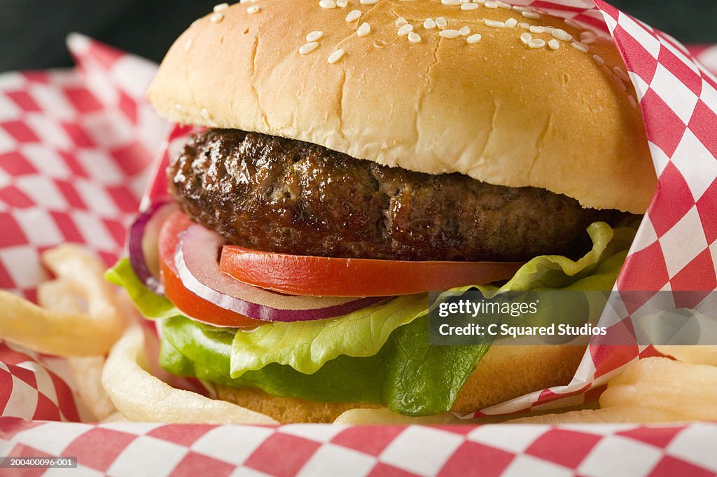 Hamburger with lettuce, tomato, red onion and French fries