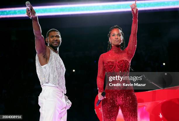 Usher and Alicia Keys perform onstage during the Apple Music Super Bowl LVIII Halftime Show at Allegiant Stadium on February 11, 2024 in Las Vegas,...