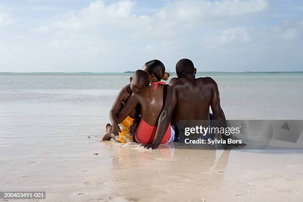 family sitting on beach, rear view - ilha harbor - fotografias e filmes do acervo