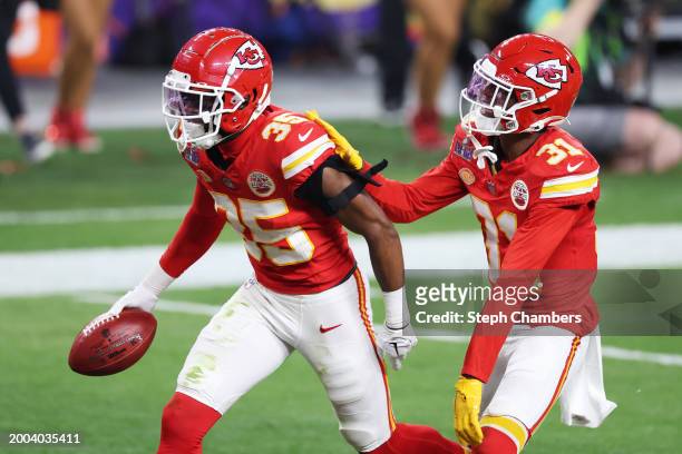 Jaylen Watson of the Kansas City Chiefs celebrates after recovering a fumble in the third quarter against the San Francisco 49ers during Super Bowl...