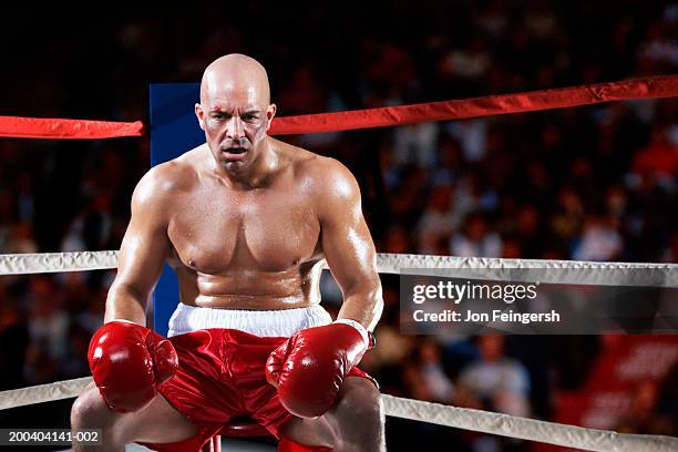 boxer sitting in corner - boxing shorts stock-fotos und bilder