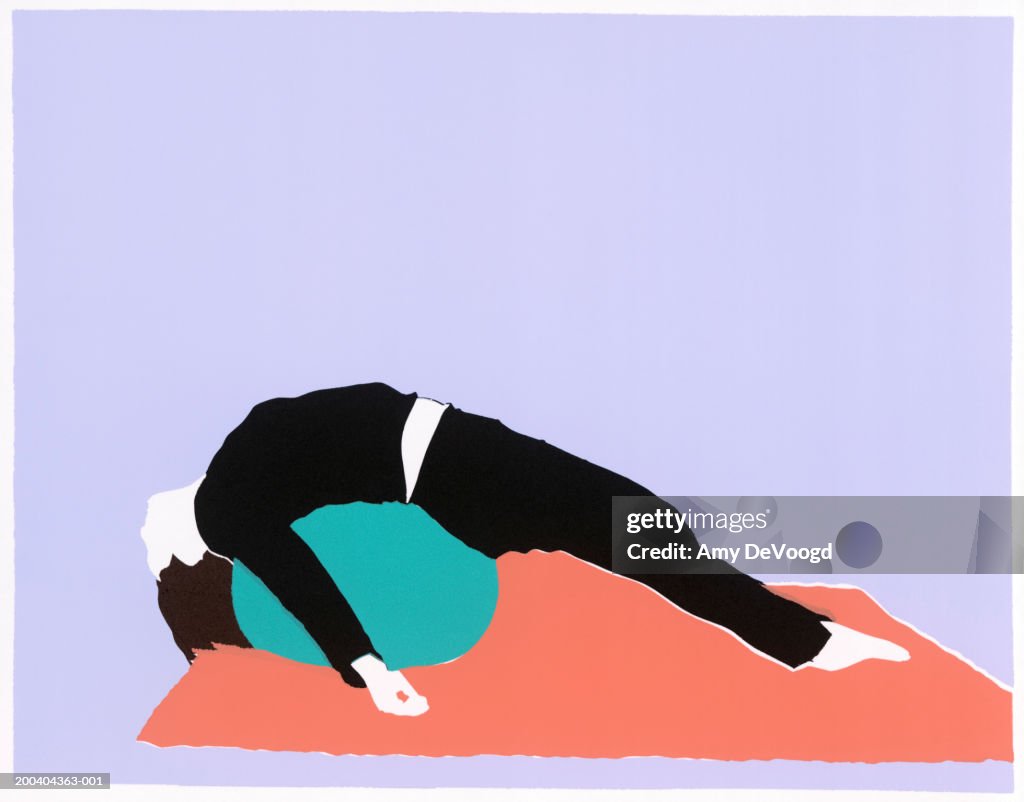 Woman bending backwards over fitness ball, side view