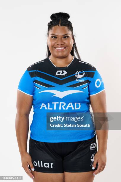 Seneti Kilisimasi poses during a Western Force 2024 Super Rugby Women's Headshots Session on February 09, 2024 in Perth, Australia.